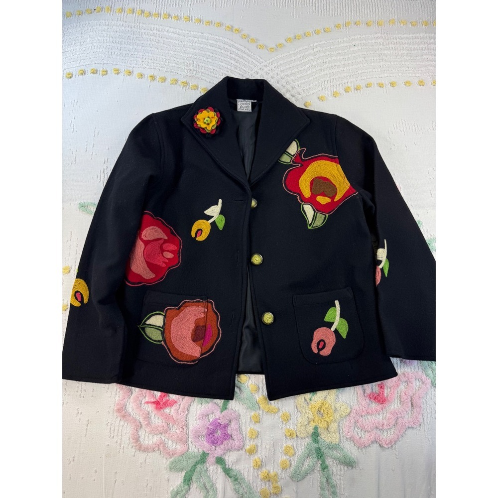 Parsley & Sage vtg Womens Black 100% Wool Floral Applique Jacket Brooch Size M - Picture 1 of 8